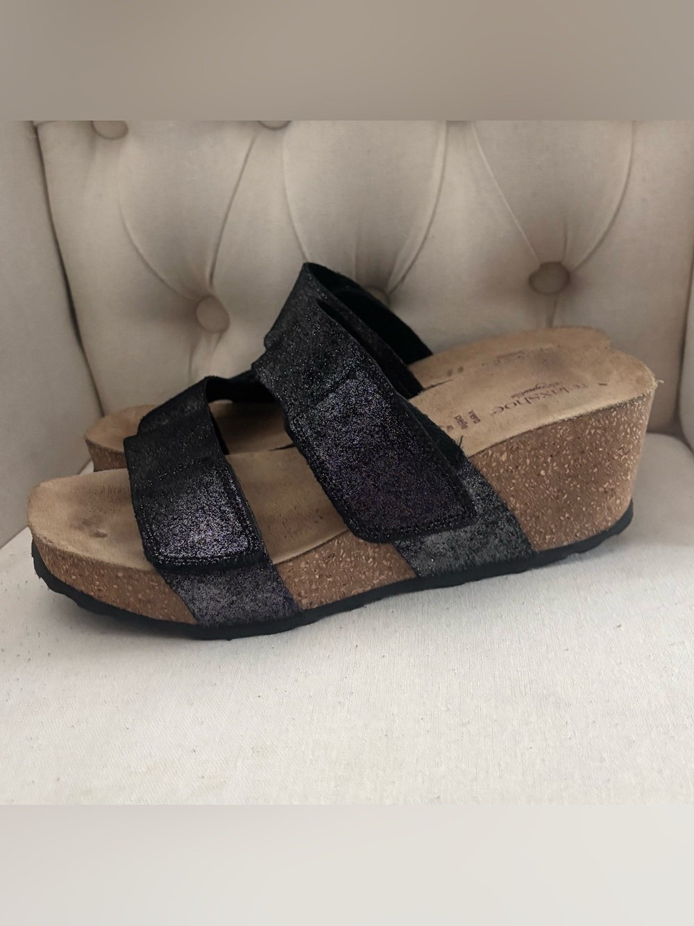 Vera Pelle leather black glitter wedge sandals slides size 40 / 9